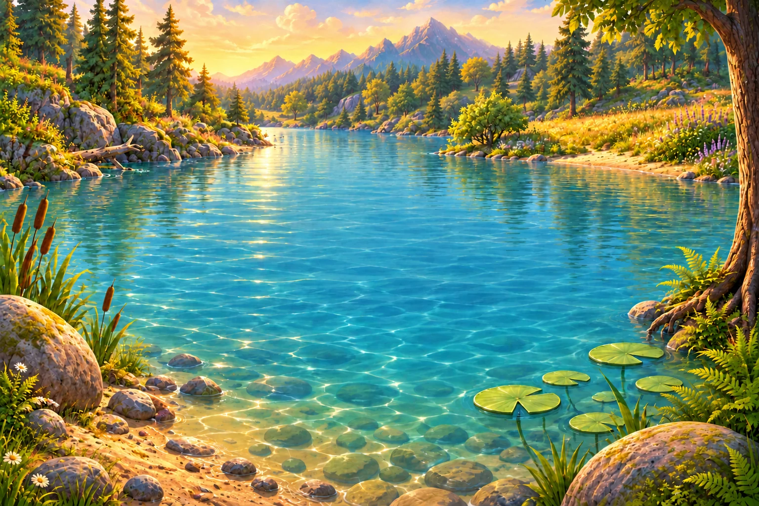 A clear blue river winding between pine trees and warm mountain light